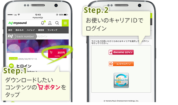 step1 ダウンロードしたいコンテンツのカートボタンをタップ step2 お使いのキャリアIDでログイン